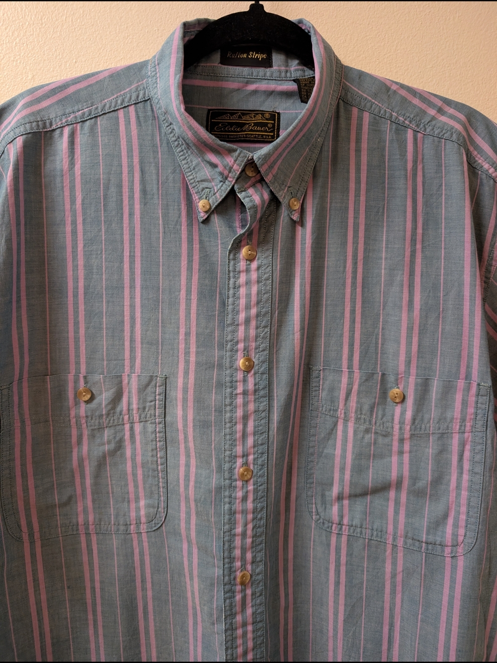 80s/90s Eddie Bauer Men's Blue & Pink Rufton Stripe Short Sleeve Oxford Shirt